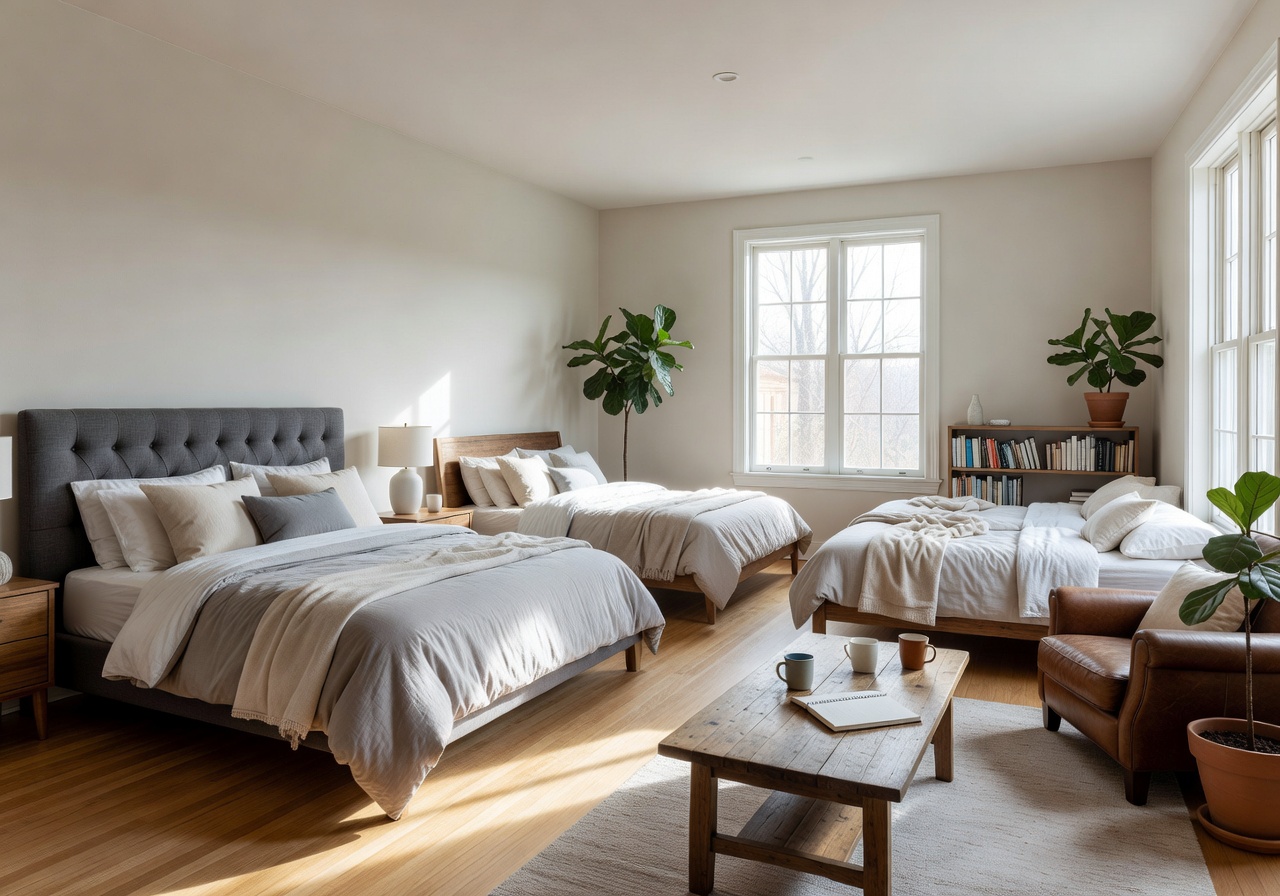 Spacious family room with multiple beds